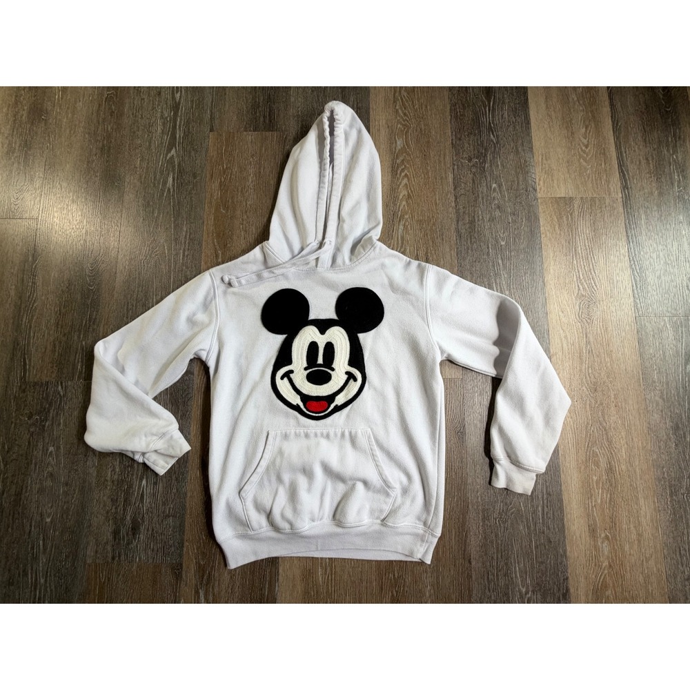 Disney Mickey Mouse Hoodie Unisex XS White Chenille Patch Graphic Pullover